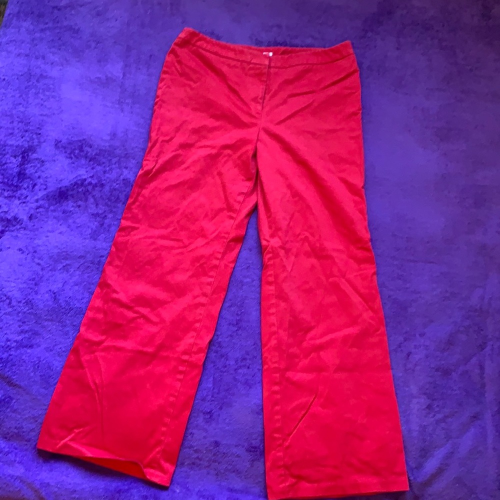 Vivid red pants, with clip style button.